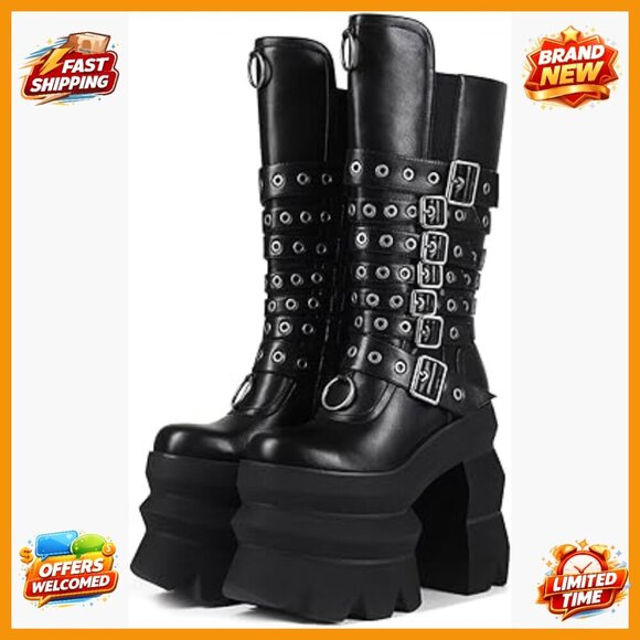 Shoes - Platform Heel Mid-Calf Boots with Buckle Detail, Synthetic Leather, Wide Calf